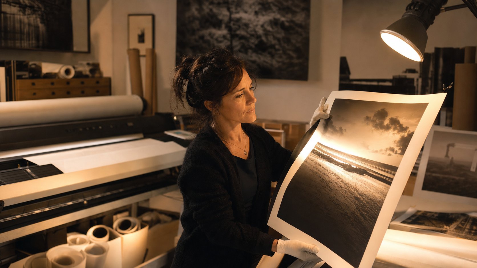 Photographe examinant un tirage fine art fraîchement imprimé dans son atelier à Calais